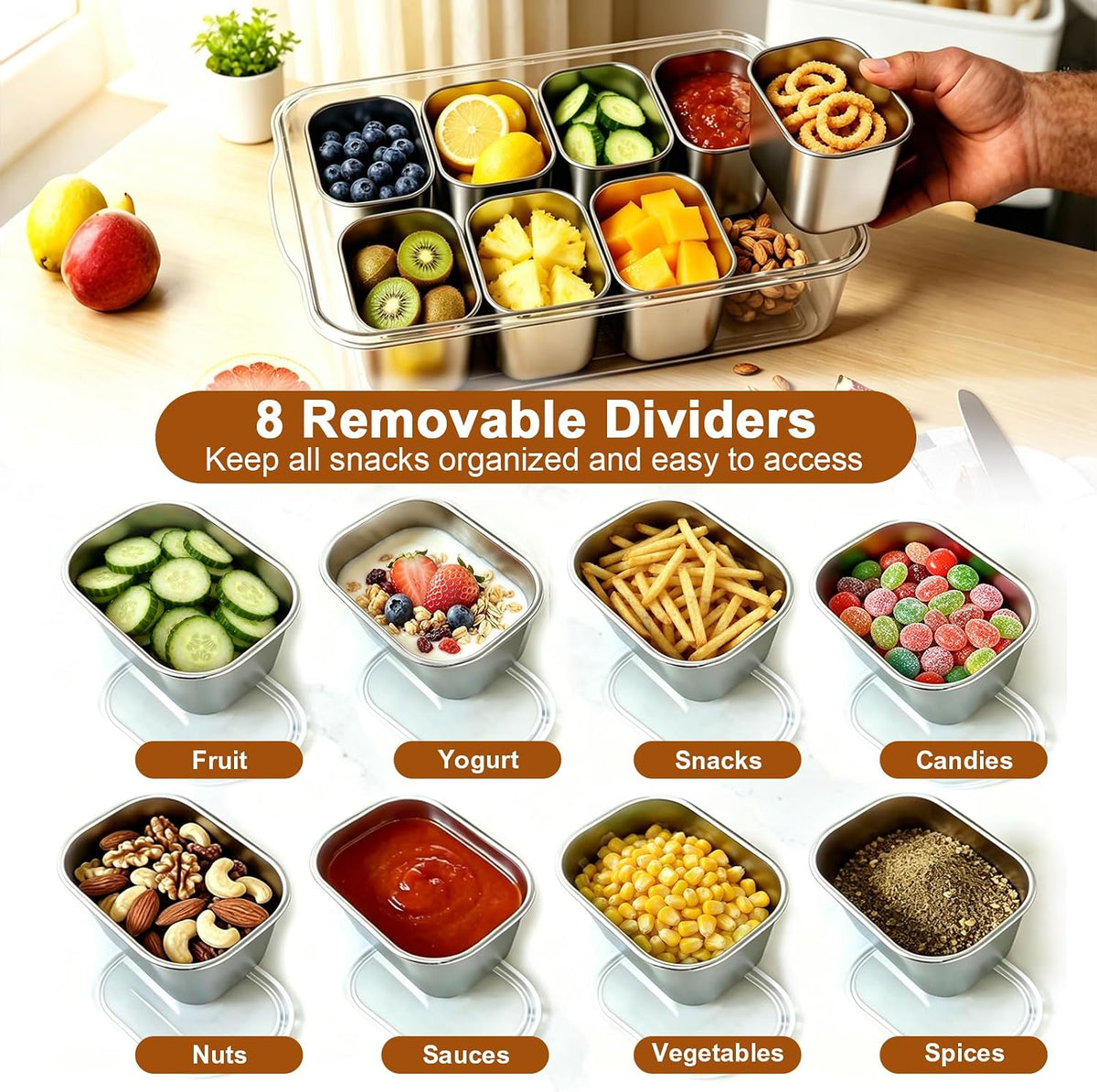 Stainless Steel Snackle Box Container, Dishwasher Safe Snack Box with 8 Removable Compartments, 142oz Large Capacity Divided Serving Tray with Lid and Locking Clips for Fruit Snacks Nut Picnic Travel