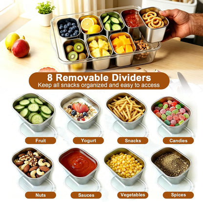 Stainless Steel Snackle Box Container, Dishwasher Safe Snack Box with 8 Removable Compartments, 142oz Large Capacity Divided Serving Tray with Lid and Locking Clips for Fruit Snacks Nut Picnic Travel