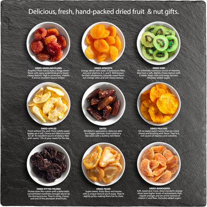 A Gift Inside Dried Fruit Gift Basket in Wooden Serving Tray – Gourmet Dried Apples, Apricots, Kiwi, Pears, Peaches, Dates, Prunes, Plums & Mandarin – Kosher Pareve OU Certified