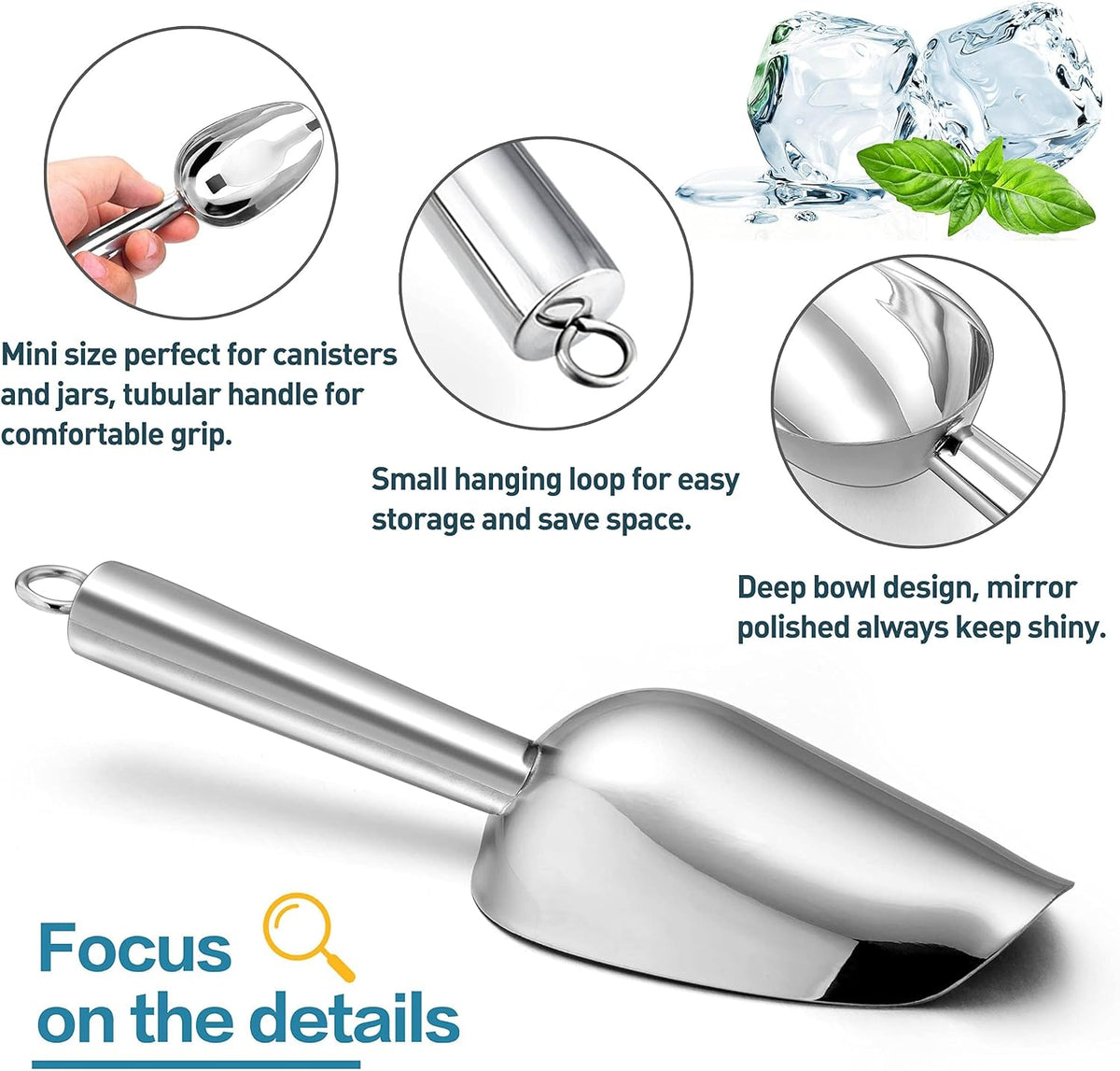 Herogo 3oz Mini ice Scoop Set of 2, Small Stainless Steel Scooper for Candy/Flour/Bean/Pet Food/ Ice Cube, Metal Utility Scoops for Kitchen Bar Party Wedding, Dishwasher Safe & Heavy Duty