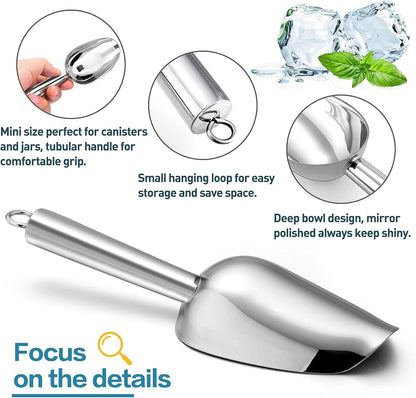Herogo 3oz Mini ice Scoop Set of 2, Small Stainless Steel Scooper for Candy/Flour/Bean/Pet Food/ Ice Cube, Metal Utility Scoops for Kitchen Bar Party Wedding, Dishwasher Safe & Heavy Duty