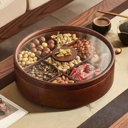 12" Wooden Serving Tray with Lid, 360° Rotating Snack Tray