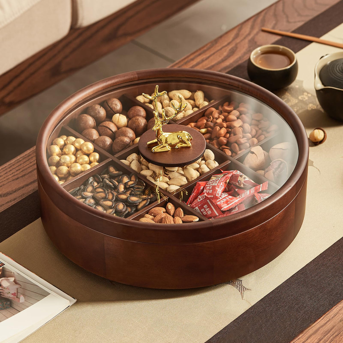 12" Wooden Serving Tray with Lid, 360° Rotating Snack Tray