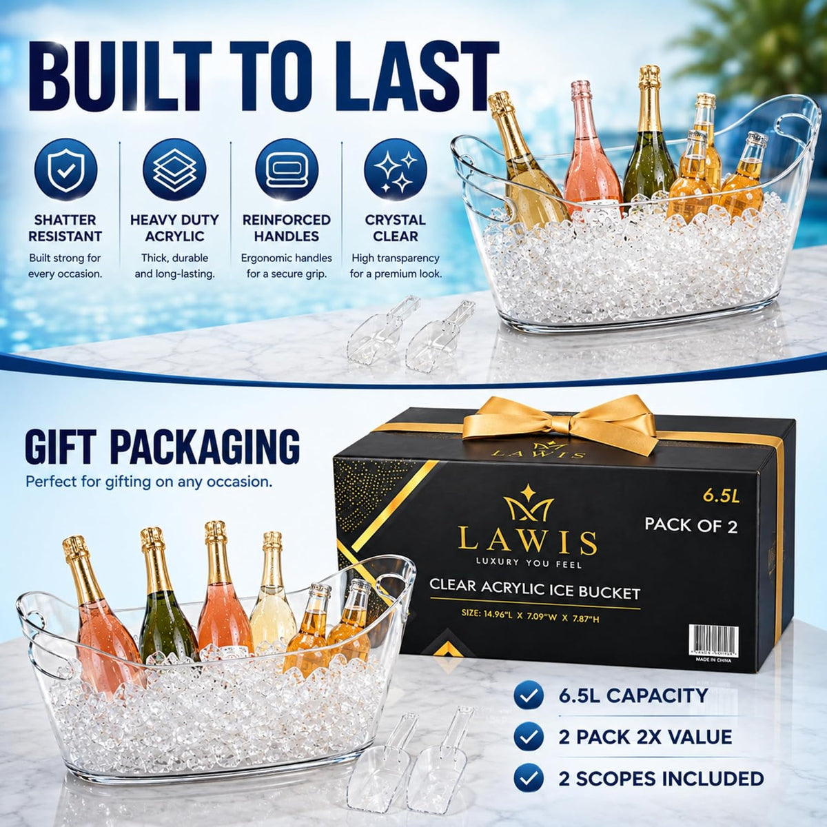 6.5L Acrylic Ice Bucket for Parties, 2 Pack champagne bucket with scoop Heavy-Duty Drop-Resistant Beverage Tub for Wine, Champagne, Beer, Drink Chiller for Mimosa & Wine Bar