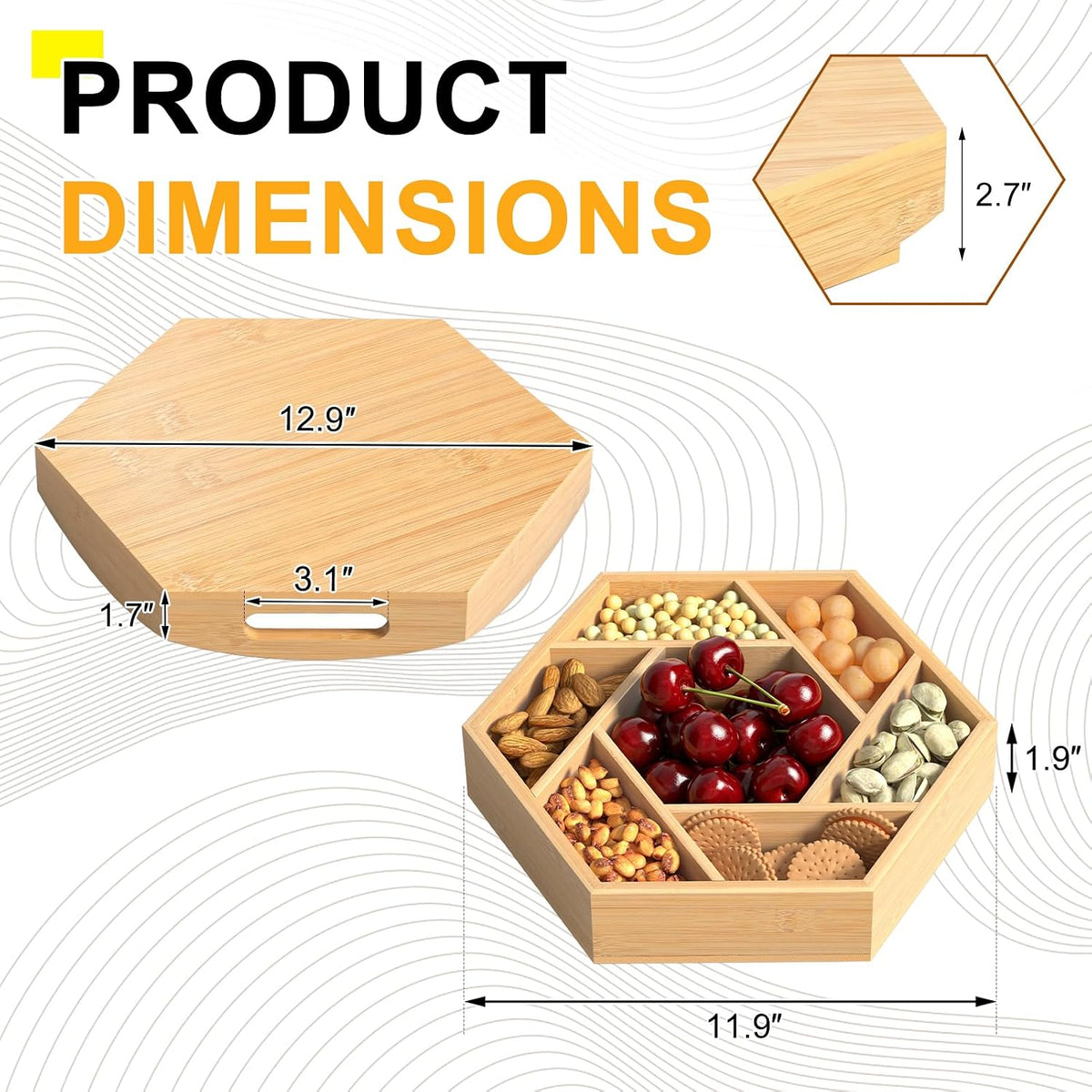 Bamboo Snack Serving Tray with Lid, 360° Rotating Dry Fruit Tray
