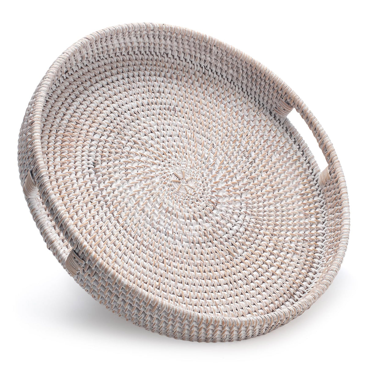 YANGQIHOME Rattan Round Serving Tray, Decorative Coffee Table Tray, Hand Woven Serving Basket with Handles, Ottoman Wicker Fruit/Bread Serving Basket, 13.8 inch