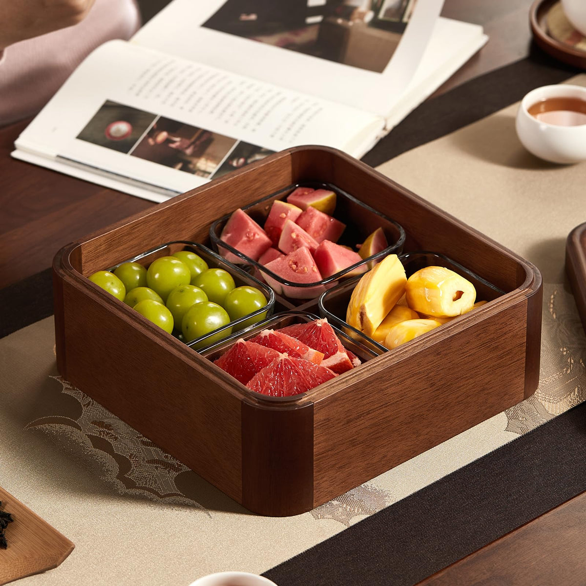 12" Wooden Serving Tray with Lid, 360° Rotating Snack Tray