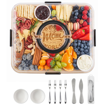 Portable Bamboo Charcuterie Board with Lid, 6 Compartments