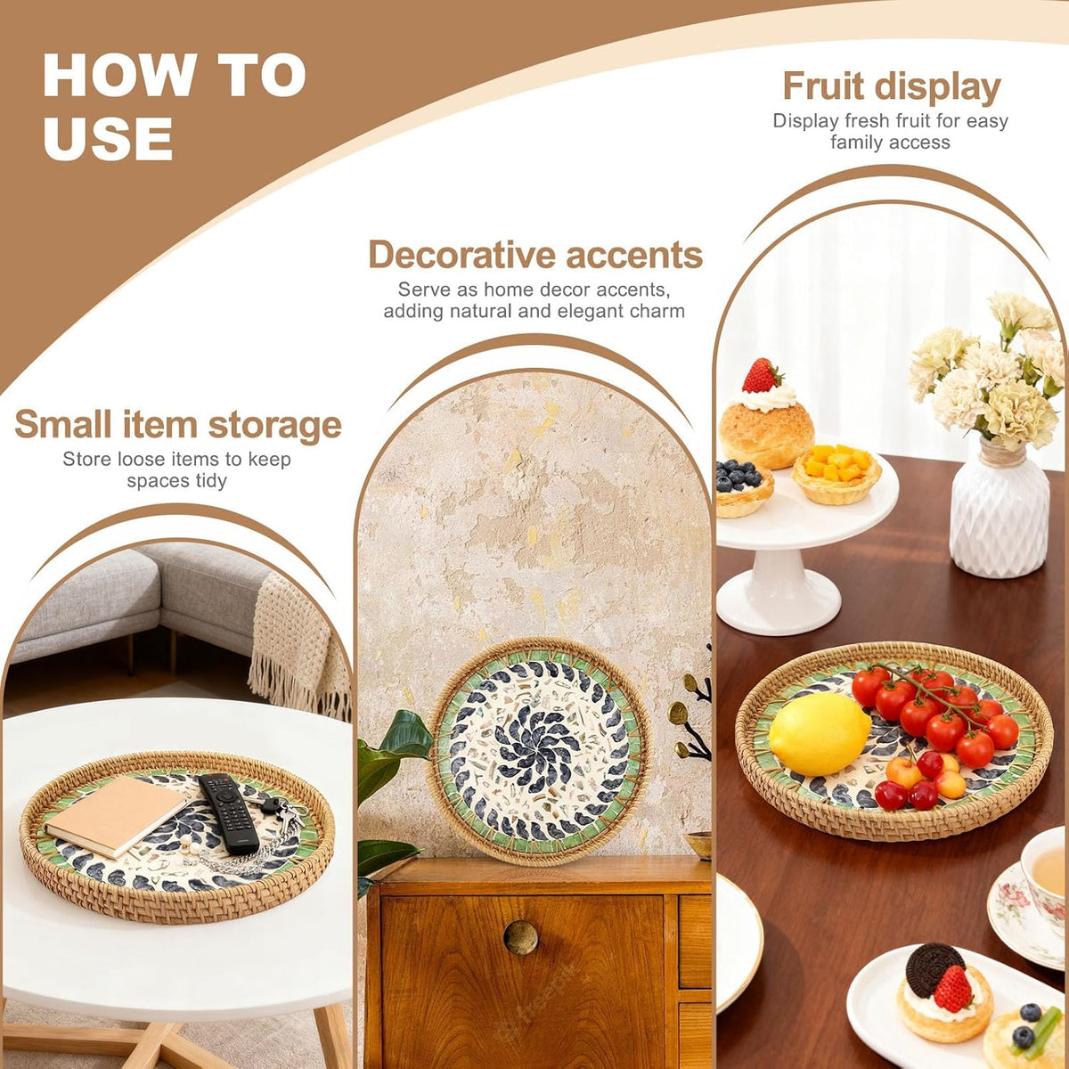 11.8" Decorative Round Rattan Tray with Mother of Pearl, Hand-Woven Wicker Serving Tray, Boho Rattan Basket Platter for Fruit Bread Coffee Counter Dessert Kitchen