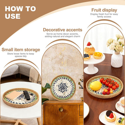 11.8" Decorative Round Rattan Tray with Mother of Pearl, Hand-Woven Wicker Serving Tray, Boho Rattan Basket Platter for Fruit Bread Coffee Counter Dessert Kitchen