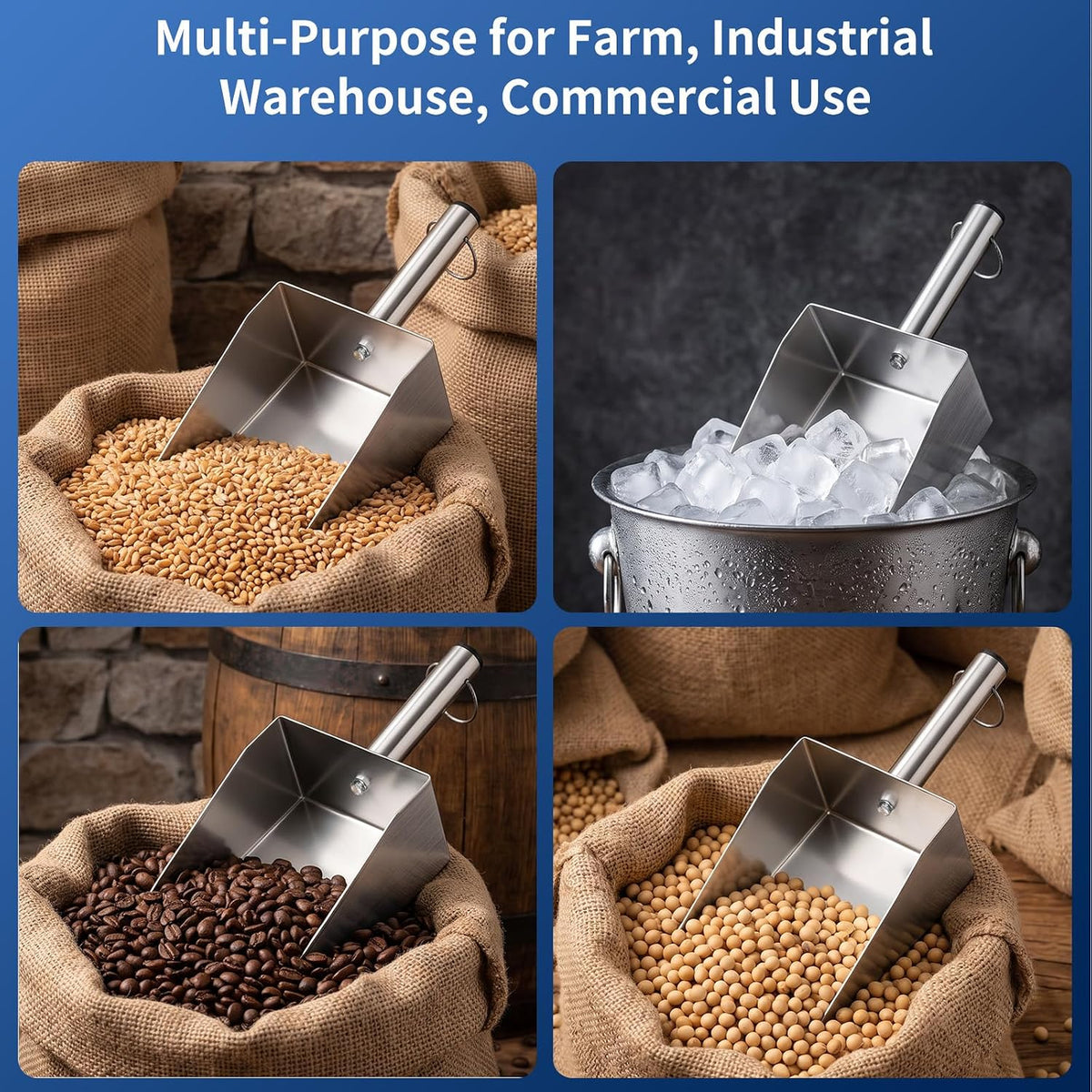304 Stainless Steel Grain Scoop, Heavy Duty Ice Metal Feed Scoop