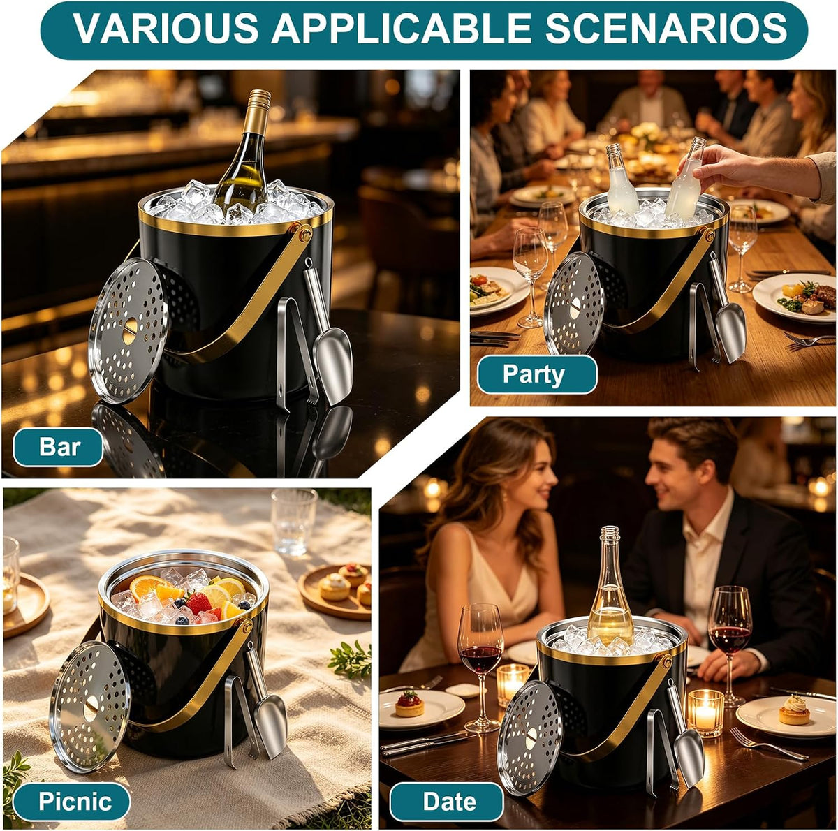 3.2L Double Wall Ice Bucket with Lid, Premium Stainless Steel Insulated Ice Bucket Includes Scoop, Tongs & Strainer, Keeps Ice Cold Longer for Parties, Home Bar, Chilling Beer & Wine, Black and Gold