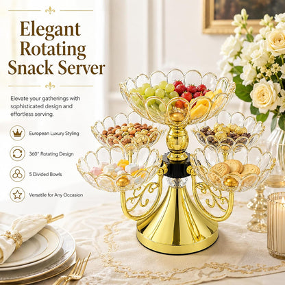 Rotating Snack Serving Tray with 5 Petal-Shaped Bowls, Luxury Divided Serving Dishes for Candy, Dried Fruit Plate for Living Room, Party, Table Decoration