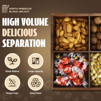 Koqye 4-Compartment Snack Tray with Lid - North American Walnut Serving Platter for Dry Fruits/Nuts/Candy, Multi-Purpose Party Food Storage Container