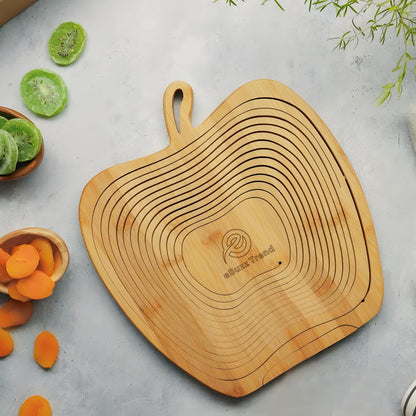Apple Shaped Foldable Bamboo Dried Fruits Basket & Tray – Collapsible Wooden Fruit Bowl Holder for Kitchen Table & Holiday Decor