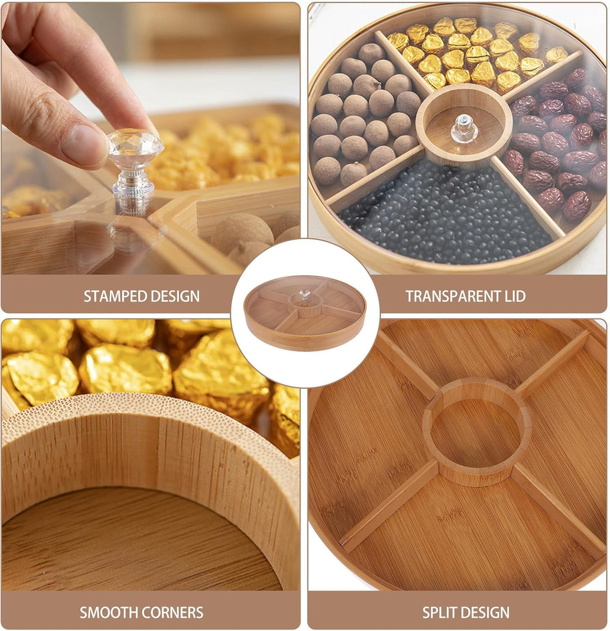 DOITOOL Bamboo Snack Tray with Lid 4-Compartment Divided Platter for Nuts Dried Fruit Candy Serving Food Storage Tray for Home Dining 11.81 X 11.81 X 1.96 in