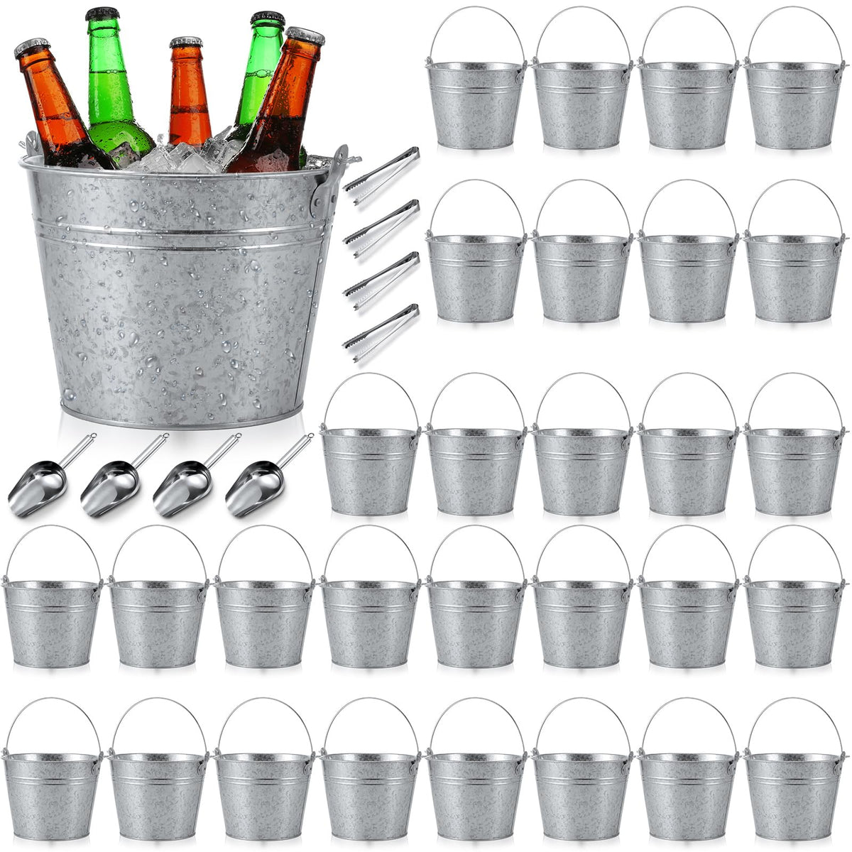 Zopeal 24 Pcs Galvanized Beer Buckets with Scoops Tongs, Retro