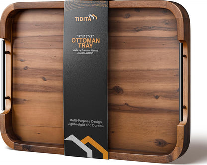 TIDITA 17"x13" Rectangular Wooden Serving Tray, Metal Handles, Walnut Color