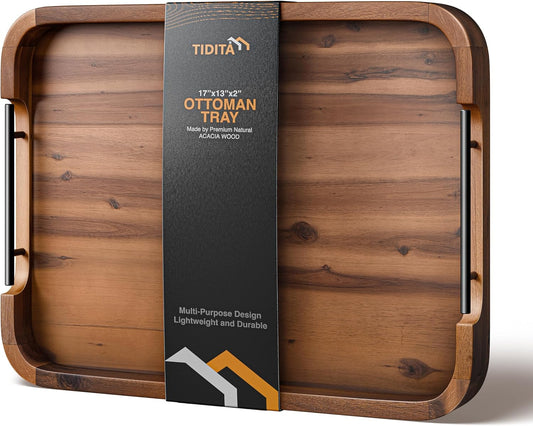 TIDITA 17"x13" Rectangular Wooden Serving Tray, Metal Handles, Walnut Color