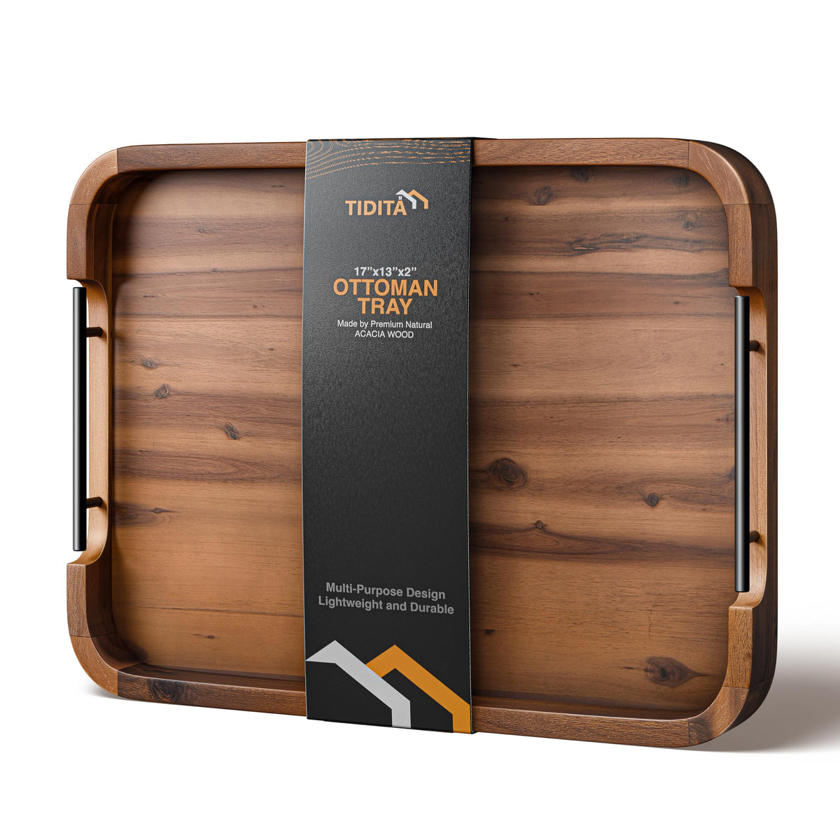 TIDITA 17"x13" Rectangular Wooden Serving Tray, Metal Handles, Walnut Color