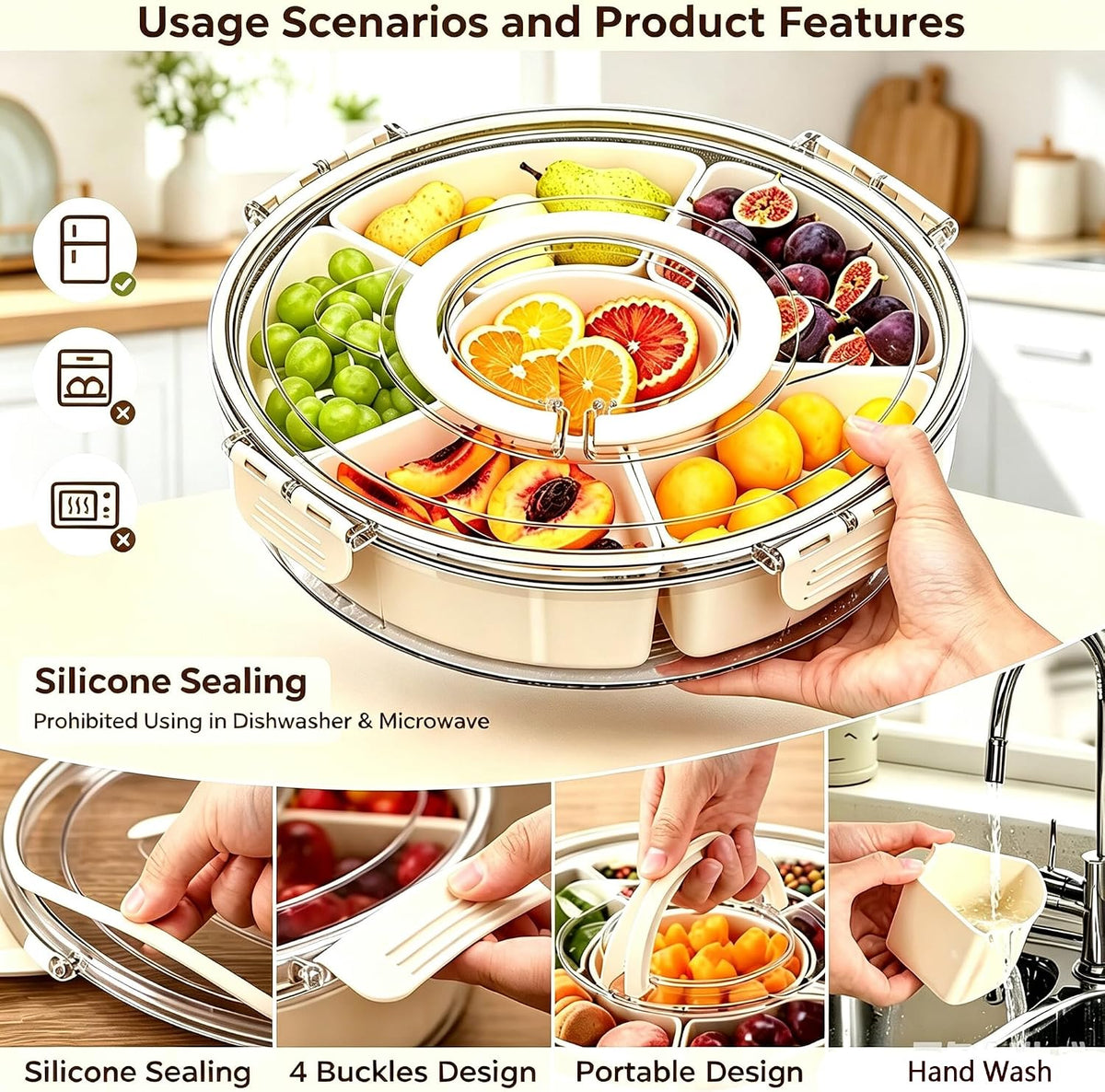 Divided Serving Tray with Lid,Fruit Veggie Platter,6 Compartment Snack Tray