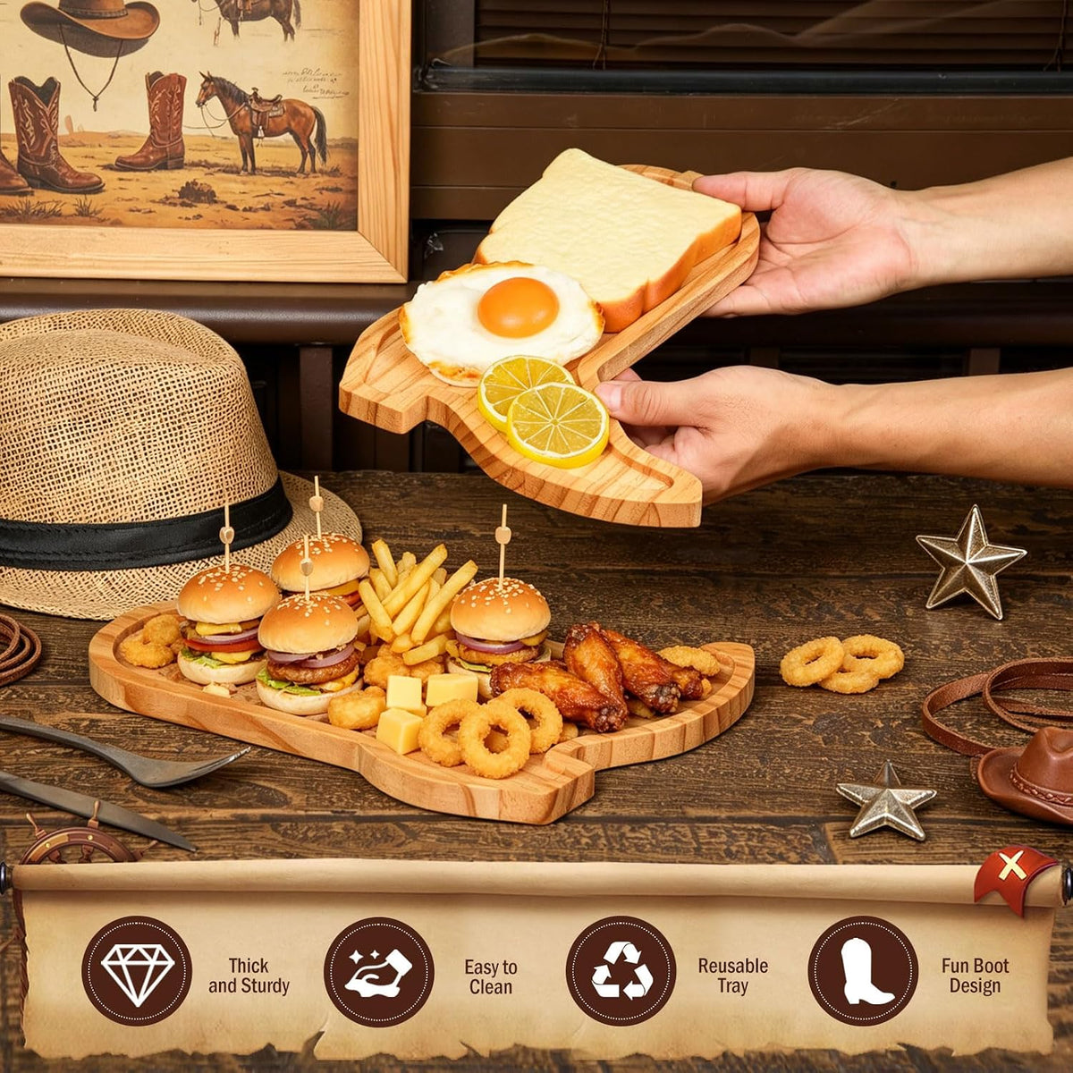 AWIZOM 2 Pcs Cowboy Boots Charcuterie Boards Wooden Serving Tray Platters