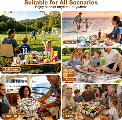 Stainless Steel Snackle Box Container, Dishwasher Safe Snack Box with 8 Removable Compartments, 142oz Large Capacity Divided Serving Tray with Lid and Locking Clips for Fruit Snacks Nut Picnic Travel