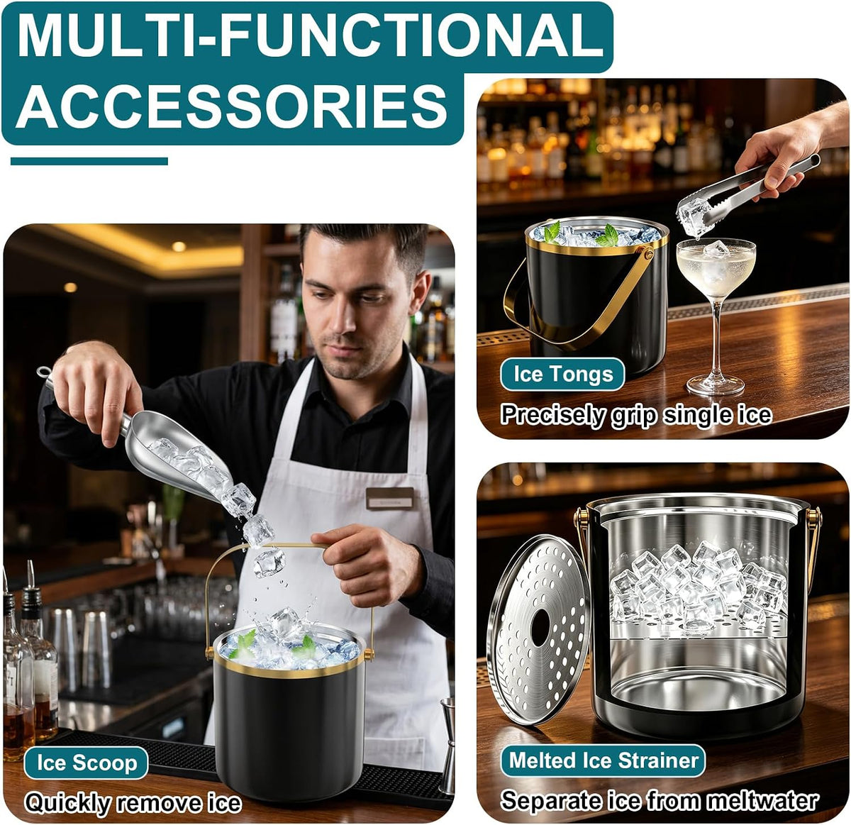 3.2L Double Wall Ice Bucket with Lid, Premium Stainless Steel Insulated Ice Bucket Includes Scoop, Tongs & Strainer, Keeps Ice Cold Longer for Parties, Home Bar, Chilling Beer & Wine, Black and Gold