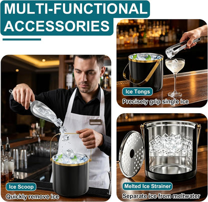 3.2L Double Wall Ice Bucket with Lid, Premium Stainless Steel Insulated Ice Bucket Includes Scoop, Tongs & Strainer, Keeps Ice Cold Longer for Parties, Home Bar, Chilling Beer & Wine, Black and Gold