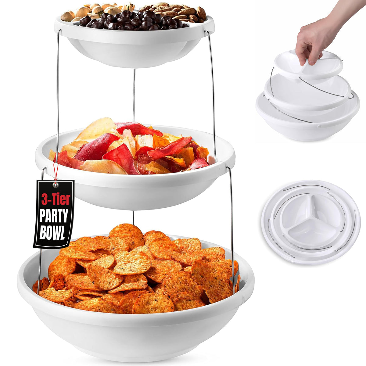 3 Tier Serving Tray Collapsible Bowl for Party, Fruit Snack Folds Flat