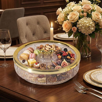 Divided Serving Tray Snack Platter Rotating 6 Compartments Dustproof Nuts Storage Platter Dessert Plate for Home Living Room, golden Bow