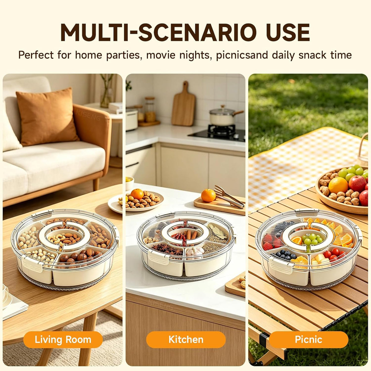 Divided Serving Tray, Snackle Box Container with Lid & Handle