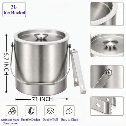 3L Stainless Steel Ice Bucket with Lid & Tongs for Parties
