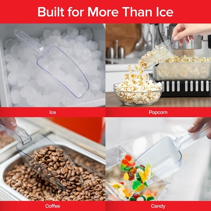 Ice Scoop for Freezer, 12 oz Clear Plastic Ice Scooper | NSF Certified Foodservice Utility Scoop | Beveled Edge, Hanging Slot | Bar Scoop, Ice Bin, Ice Machine, Candy, Popcorn, Cocktail