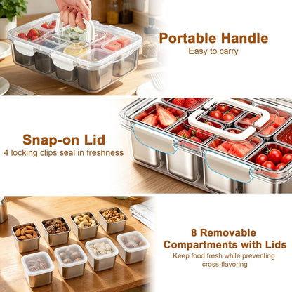 Stainless Steel Snackle Box Container, Dishwasher Safe Snack Box with 8 Removable Compartments, 142oz Large Capacity Divided Serving Tray with Lid and Locking Clips for Fruit Snacks Nut Picnic Travel