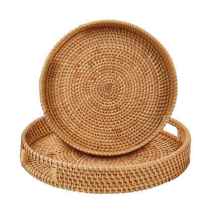 Round Rattan Serving Tray with Handles, Hand Woven Basket, Home Decor Organizer Tray for Breakfast, Tea, Snack, Fruit, Coffee,Storage (Medium)(11.9inchX1.7inch)