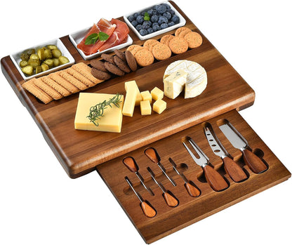 Shanik Large Acacia Wood Charcuterie Board Set with 3 Removable Ceramic Bowls & Serving Utensils - Housewarming, Wedding, Bridal Shower, Home and Kitchen, New Home Gift Ideas for Women, Gifts