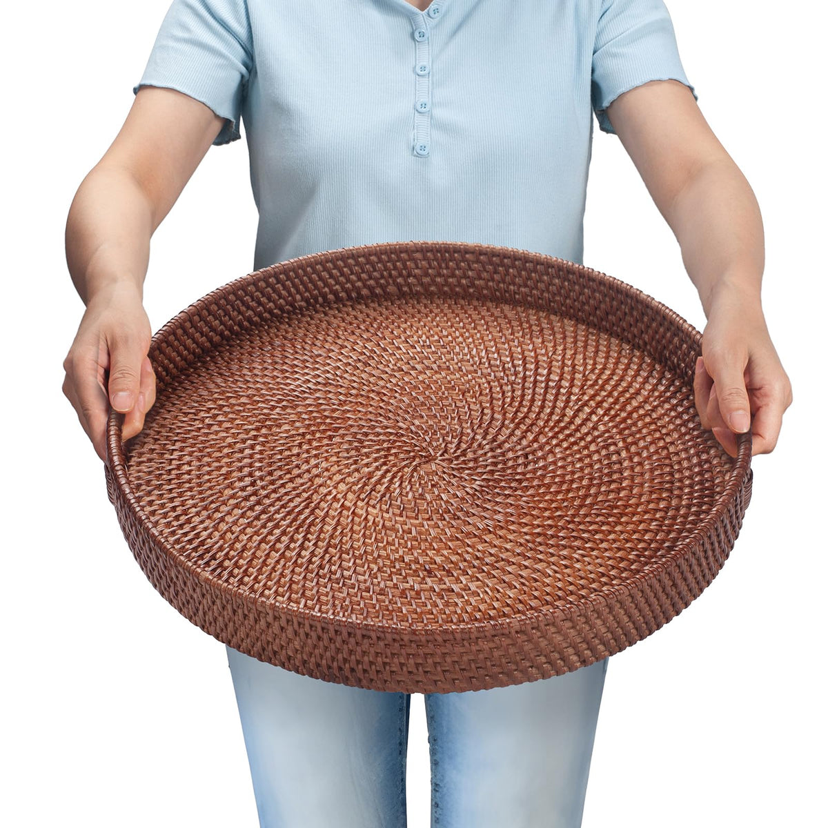 YANGQIHOME Rattan Round Serving Tray, Decorative Coffee Table Tray, Hand Woven Serving Basket with Handles, Ottoman Wicker Fruit/Bread Serving Basket, 13.8 inch