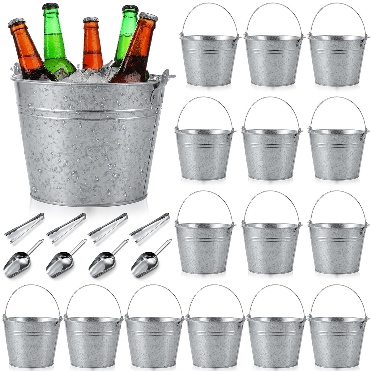 Zopeal 24 Pcs Galvanized Beer Buckets with Scoops Tongs, Retro