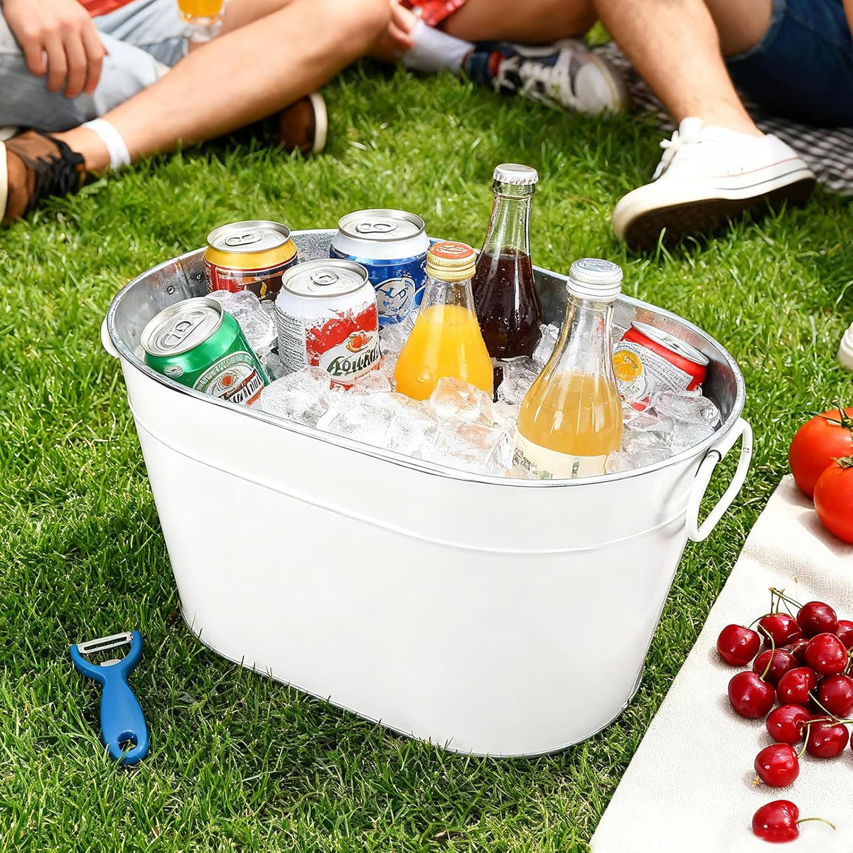 Galvanized Tub Ice Bucket for Party, Thick Metal Galvanized Drink Buckets, Beverage Tub with Handles, Drink Bucket for Indoor & Outdoor Parties (2PCS White)