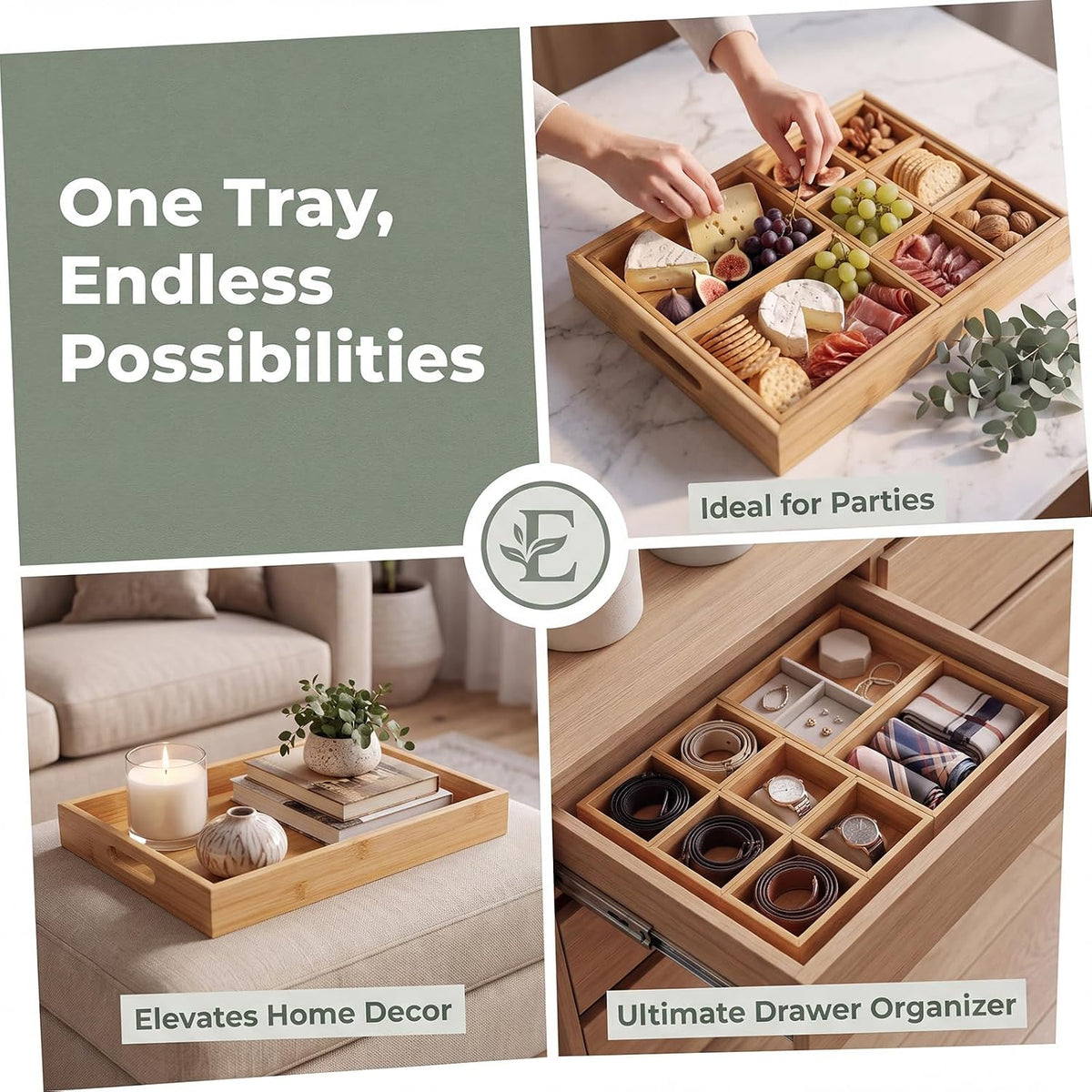 Natural Bamboo Serving Tray with Handles, Multi‑Compartmen tparty Food Tray