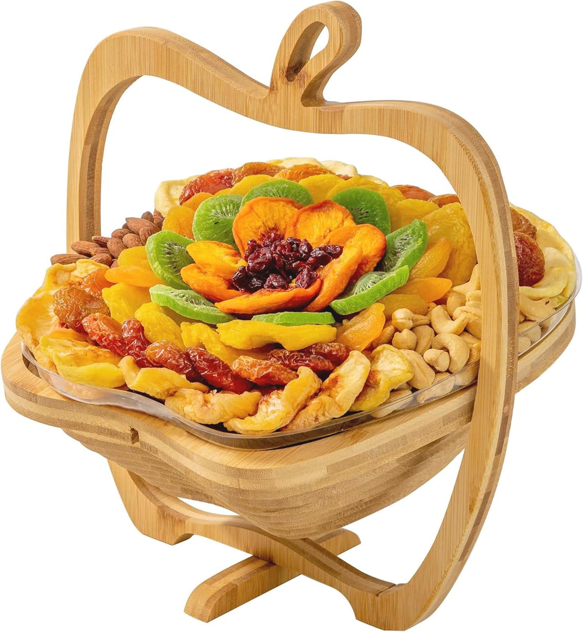 Apple Shaped Foldable Bamboo Dried Fruits Basket & Tray – Collapsible Wooden Fruit Bowl Holder for Kitchen Table & Holiday Decor