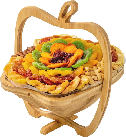 Apple Shaped Foldable Bamboo Dried Fruits Basket & Tray – Collapsible Wooden Fruit Bowl Holder for Kitchen Table & Holiday Decor