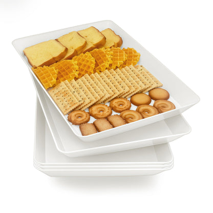 Serving Tray Platter, 4 Pack Food Tray for Veggie Fruit Snack Dessert Cookie Cheese, Food Trays for Party Supplies Display, Plastic Platters for Serving Food, Large White Trays, BPA Free