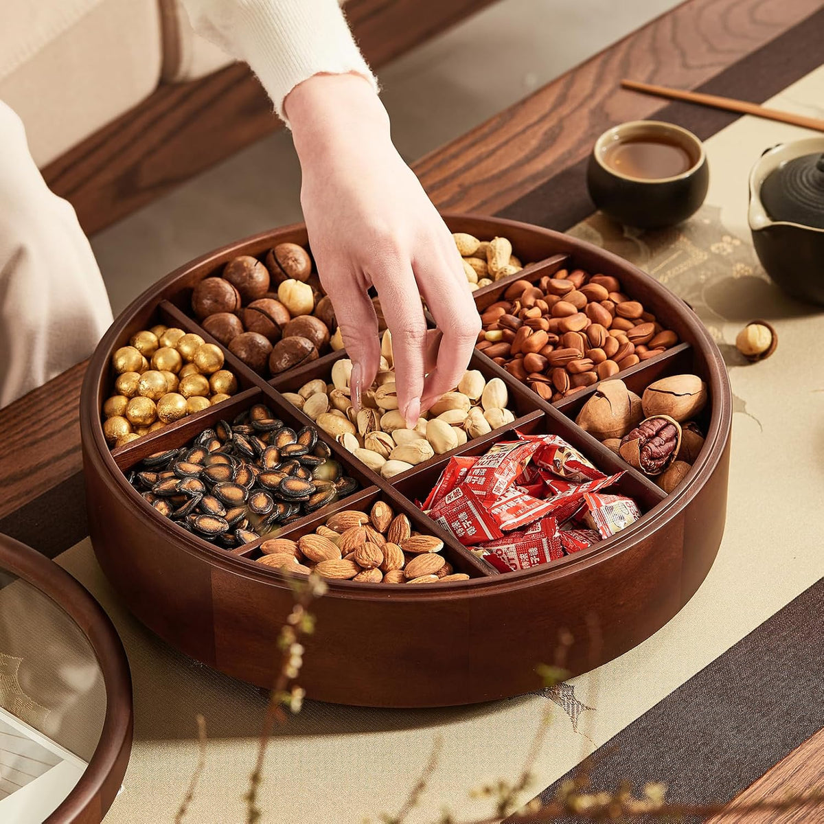 12" Wooden Serving Tray with Lid, 360° Rotating Snack Tray