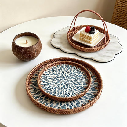 Mother of Pearl Tray Round Rattan Tray with Mother of Pearl Inlay Rattan Serving Tray with Wooden Base, Decorative Wicker Basket for Table Decor Bread Fruits Coffee, Leaf (Blue)