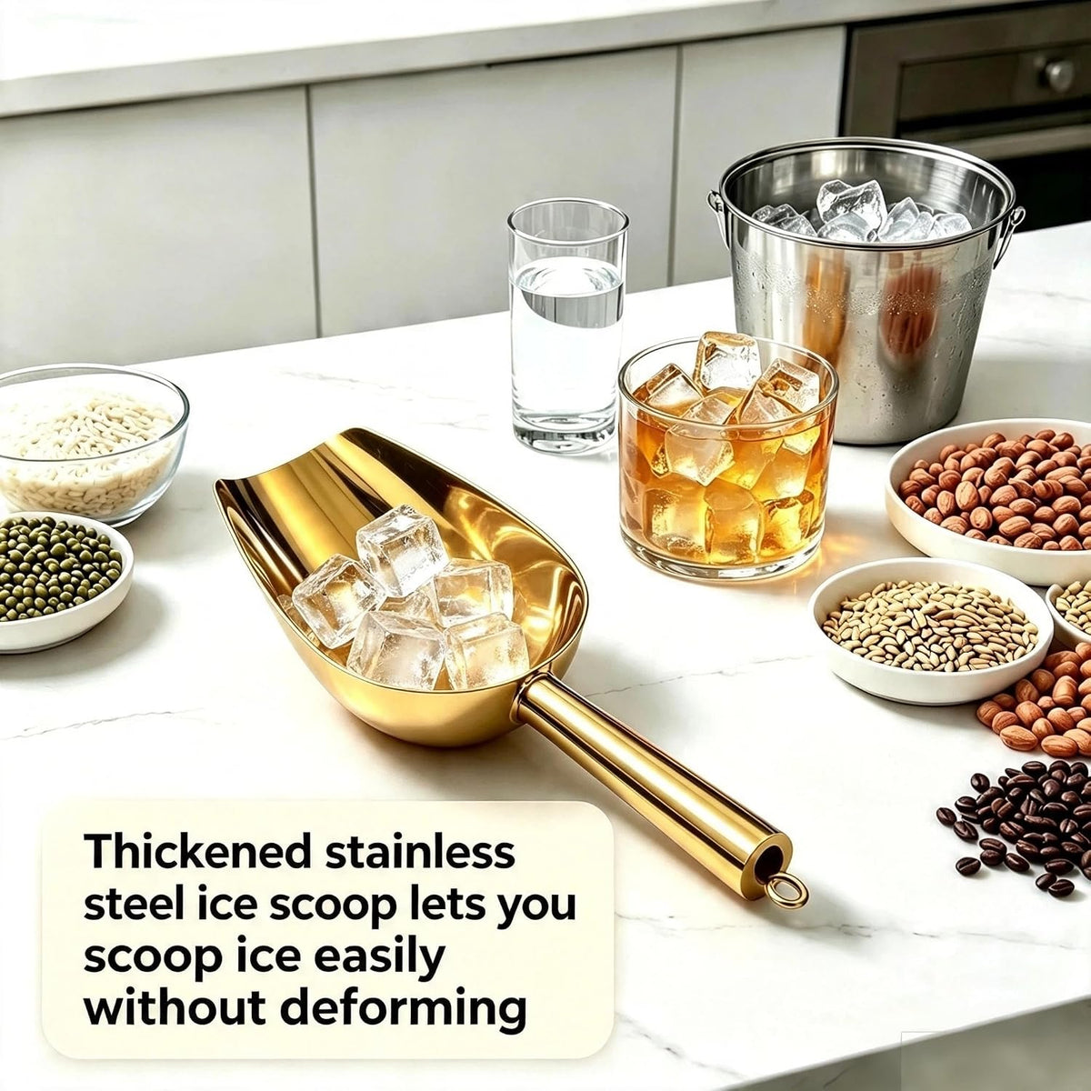 Stainless Steel Ice Scoop, 12oz Multi-Purpose Food Scoop, Heavy Duty Kitchen Scoop for Ice, Grain, Flour, Coffee Bean, Bar Kitchen Household Daily Use