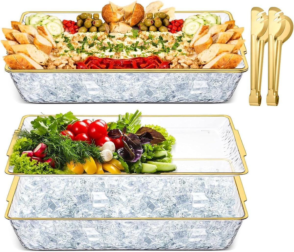 2 Set 16" x 9" Plastic Chilled Serving Tray for Parties, Serving Platter with Compartments Ice Chilled Party Platter Charcuterie Serving Board Cold Dish Dip for Fruit Seafood Vegetable