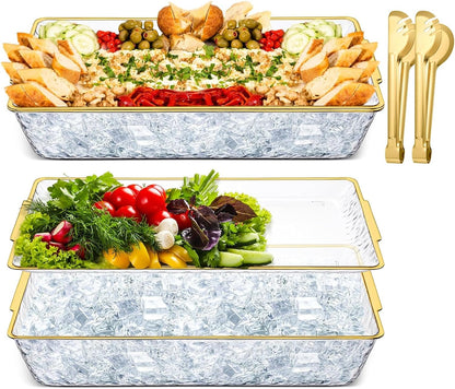 2 Set 16" x 9" Plastic Chilled Serving Tray for Parties, Serving Platter with Compartments Ice Chilled Party Platter Charcuterie Serving Board Cold Dish Dip for Fruit Seafood Vegetable