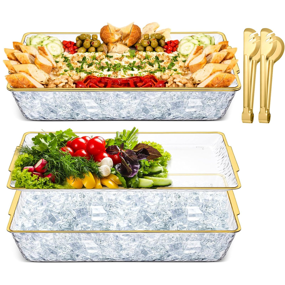 2 Set 16" x 9" Plastic Chilled Serving Tray for Parties, Serving Platter with Compartments Ice Chilled Party Platter Charcuterie Serving Board Cold Dish Dip for Fruit Seafood Vegetable